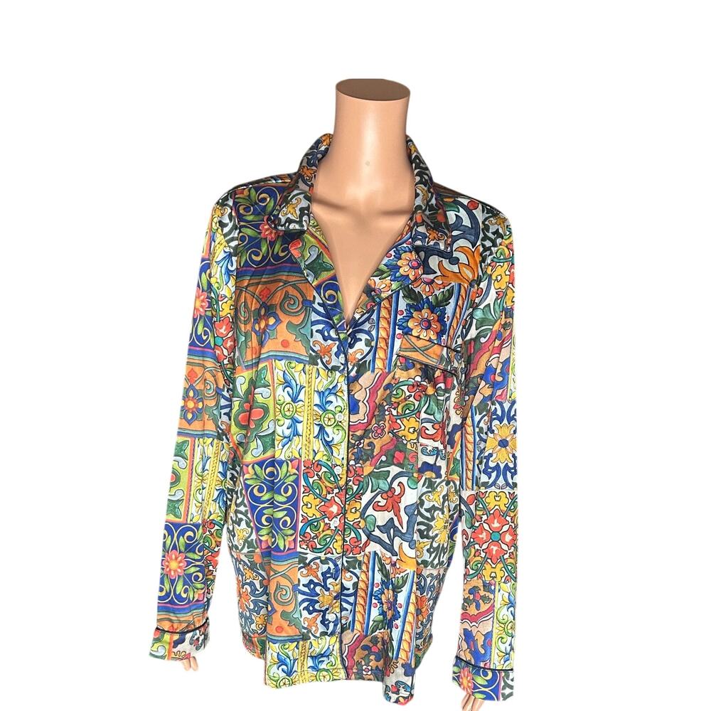 Tolani Collection colorful patchwork button up women's blouse size xl